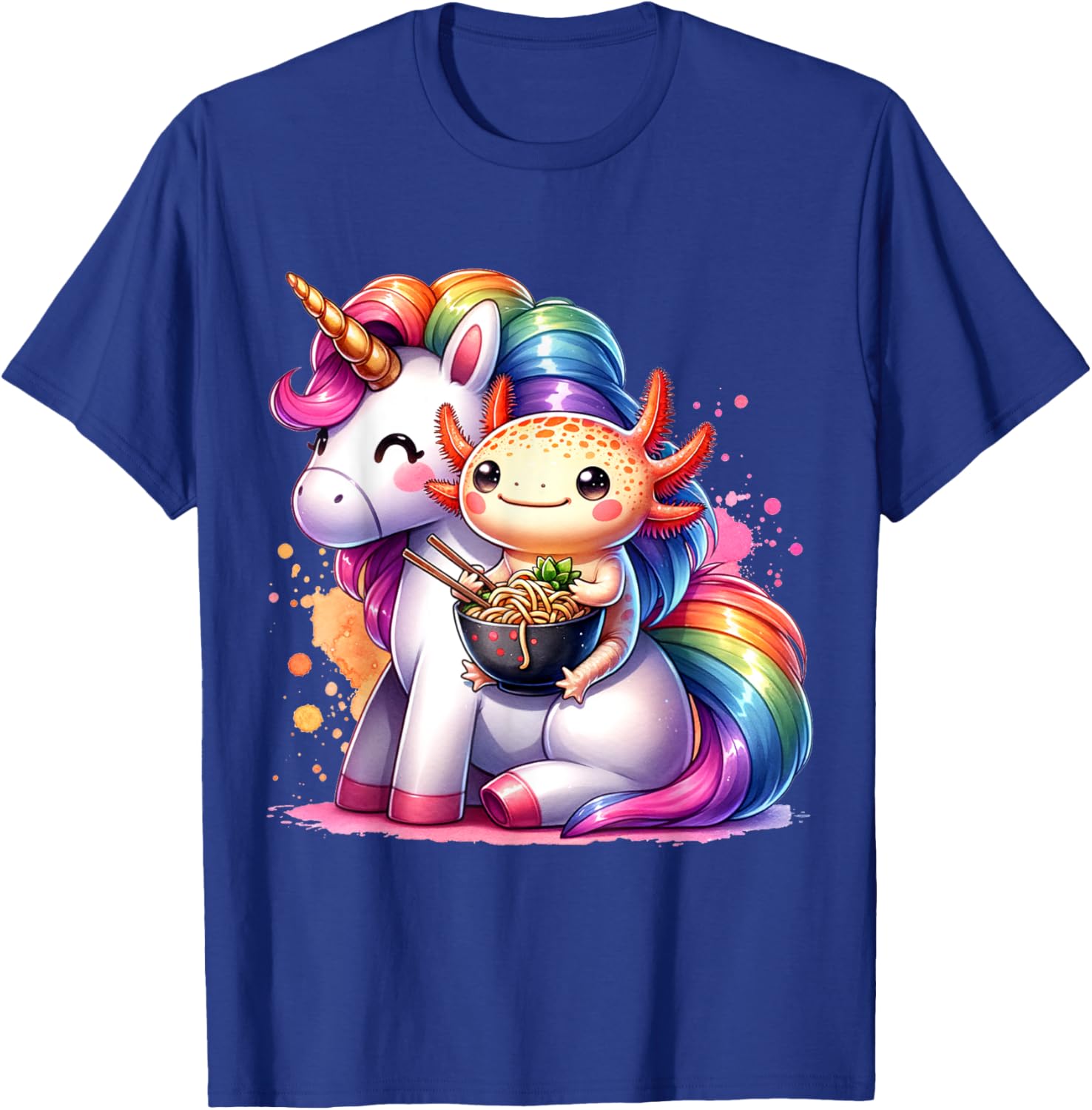 Cute Anime Kawaii Axolotl Riding A Unicorn And Eating Ramen T-Shirt - T-Shirt | Royal