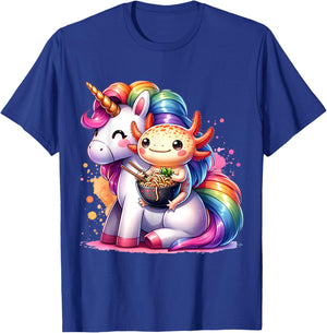 Cute Anime Kawaii Axolotl Riding A Unicorn And Eating Ramen T-Shirt - T-Shirt | Royal