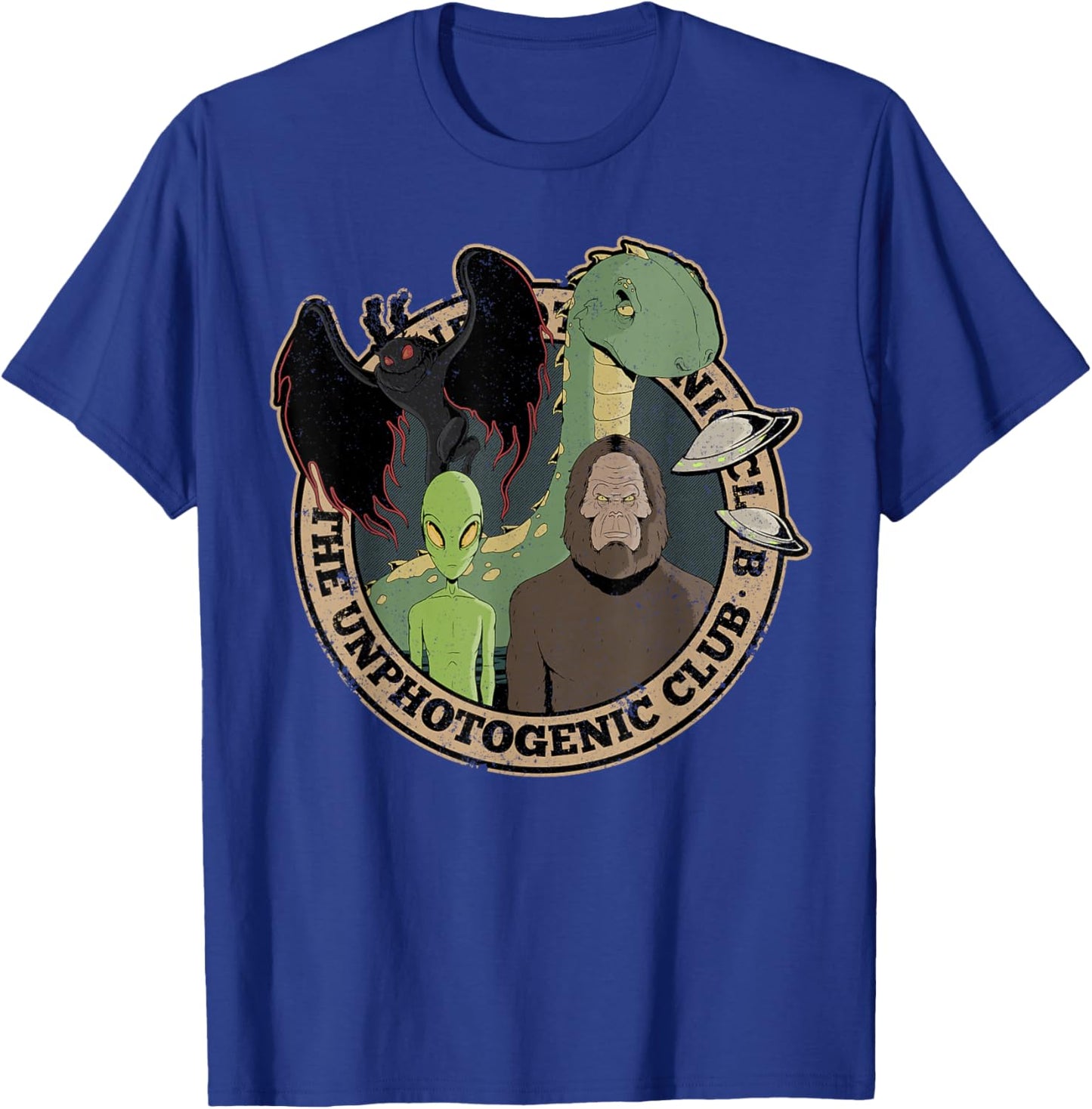 Unphotogenic Club Cryptid Alien Bigfoot Mothman Loch Ness T-Shirt - T-Shirt | Royal