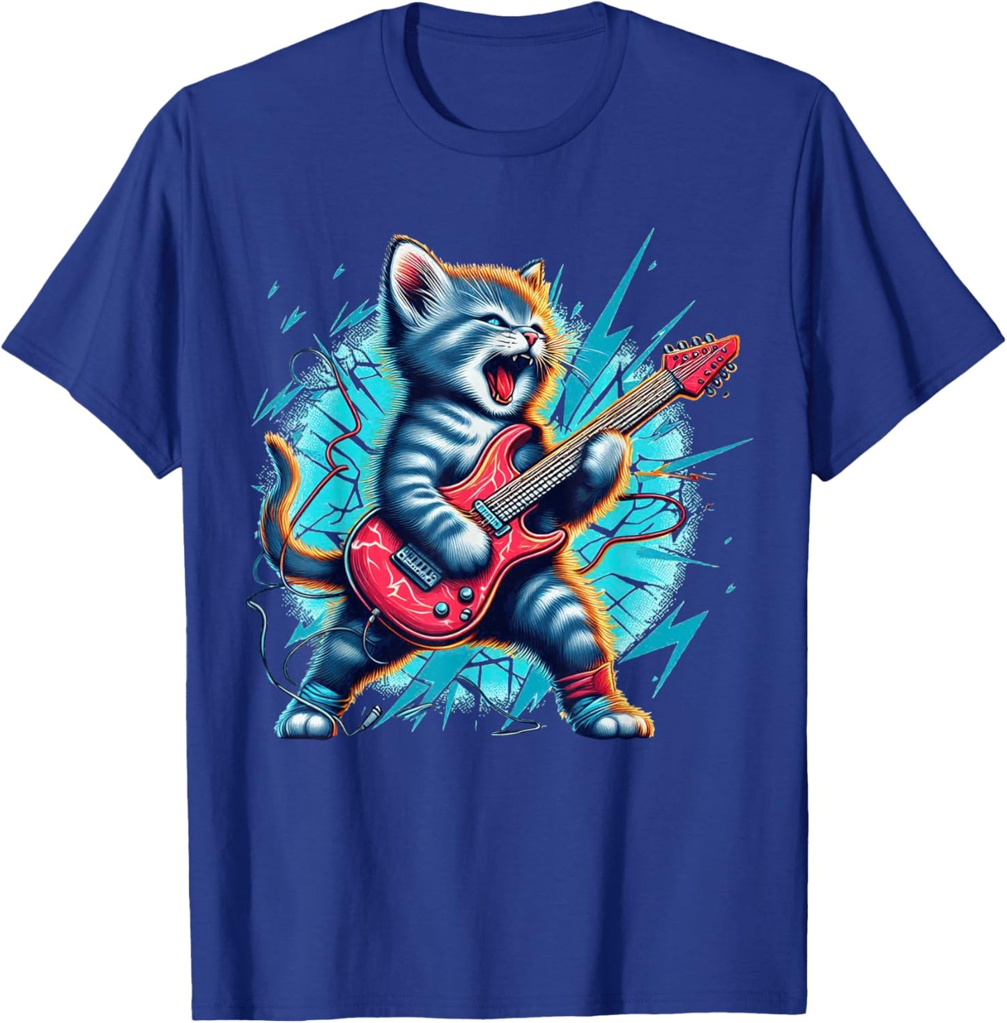 Rockstar Kitten Cute Cat playing Guitar Adorable Music Art T-Shirt - T-Shirt | Royal
