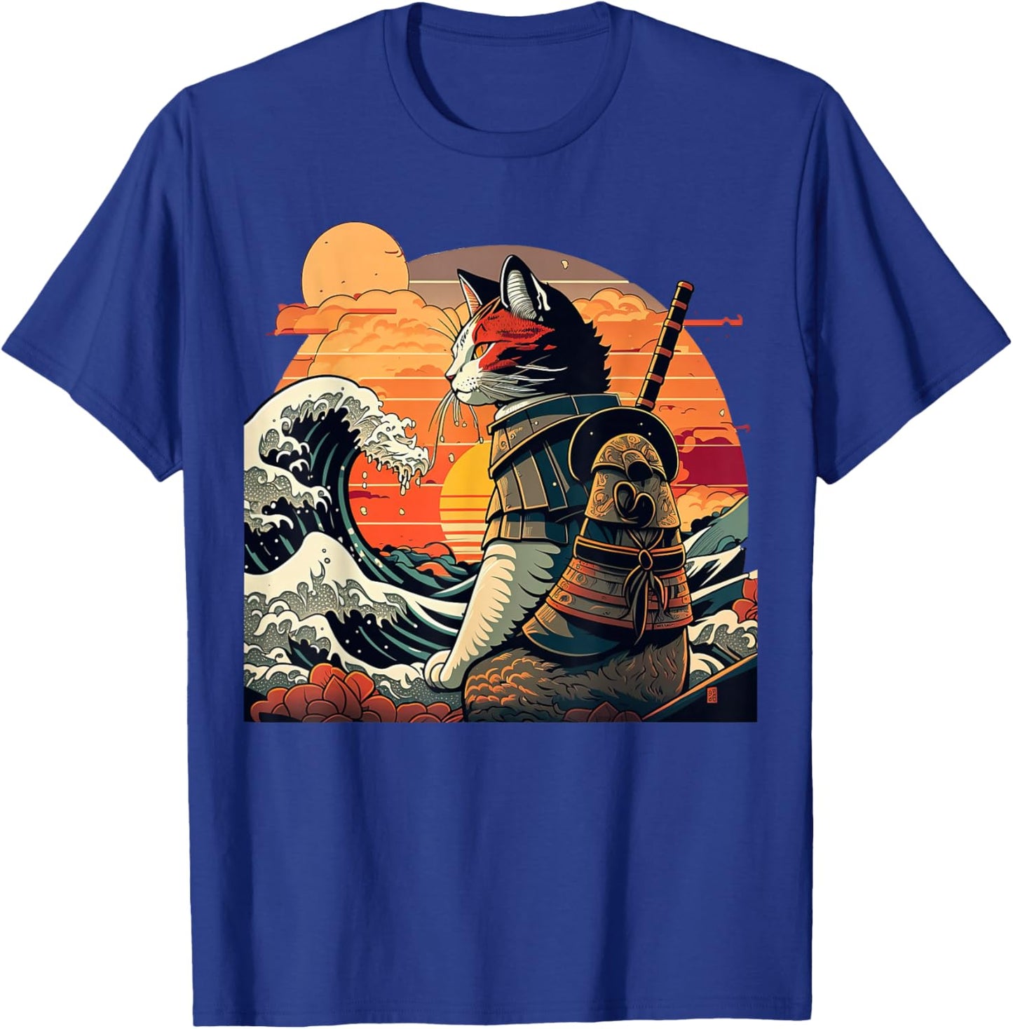 Japanese Retro Samurai cat The Great Wave by Hokusai T-Shirt - T-Shirt | Royal