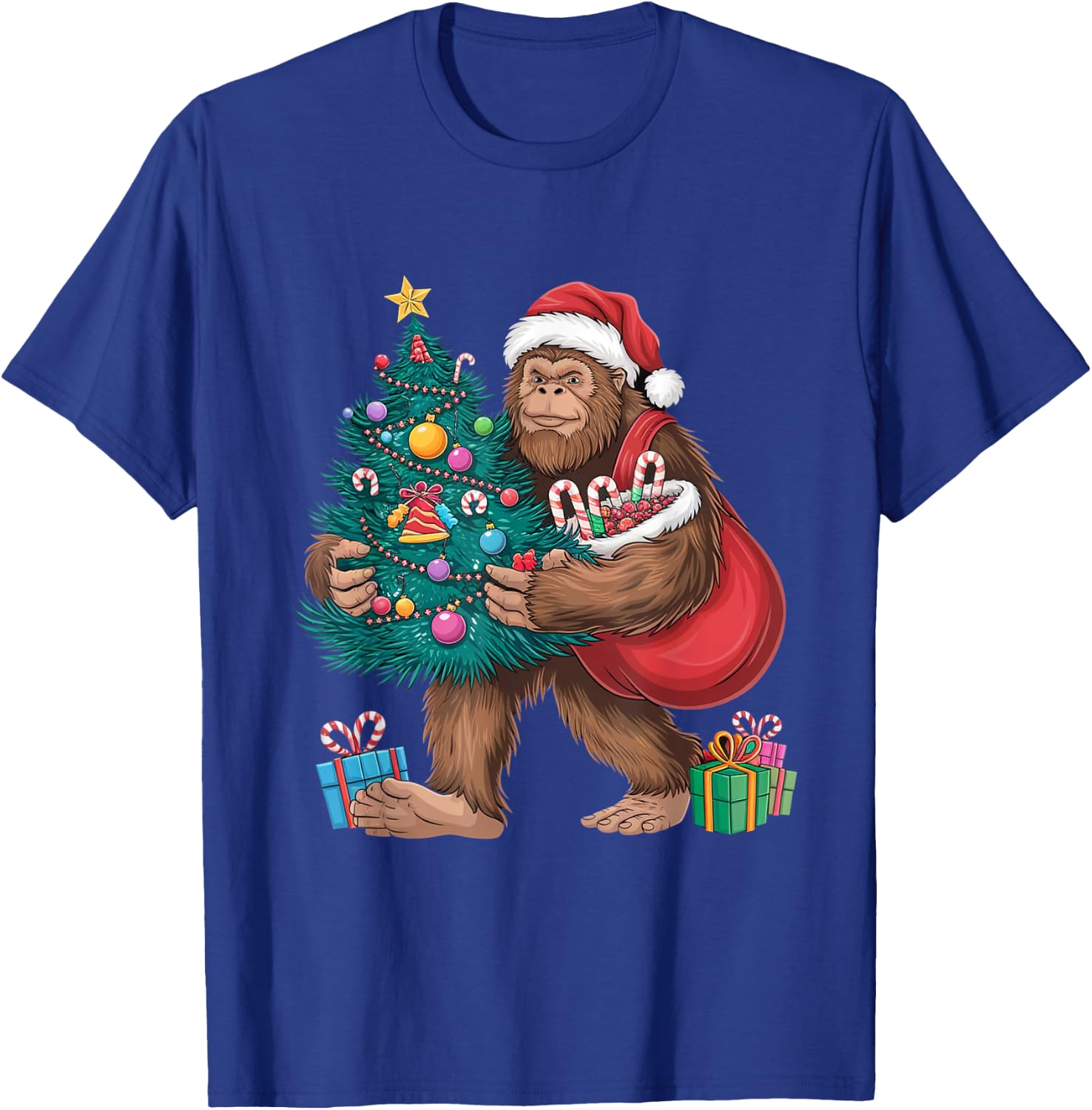 Santa Bigfoot Christmas Tree Lights Xmas Sasquatch Lovers T-Shirt - T-Shirt | Royal