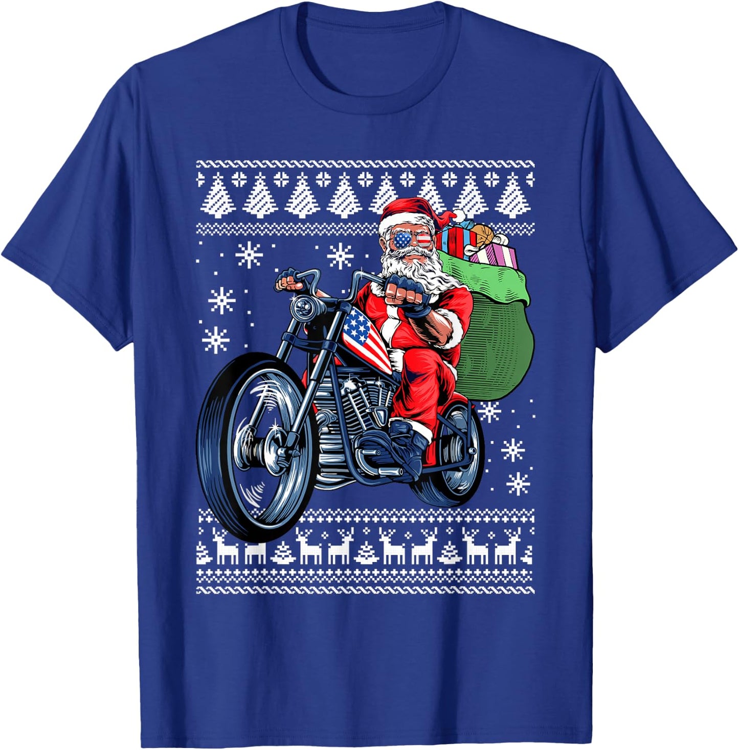 Santa Claus With Motorcycle Xmas Tree Ugly Christmas Sweater T-Shirt - T-Shirt | Royal