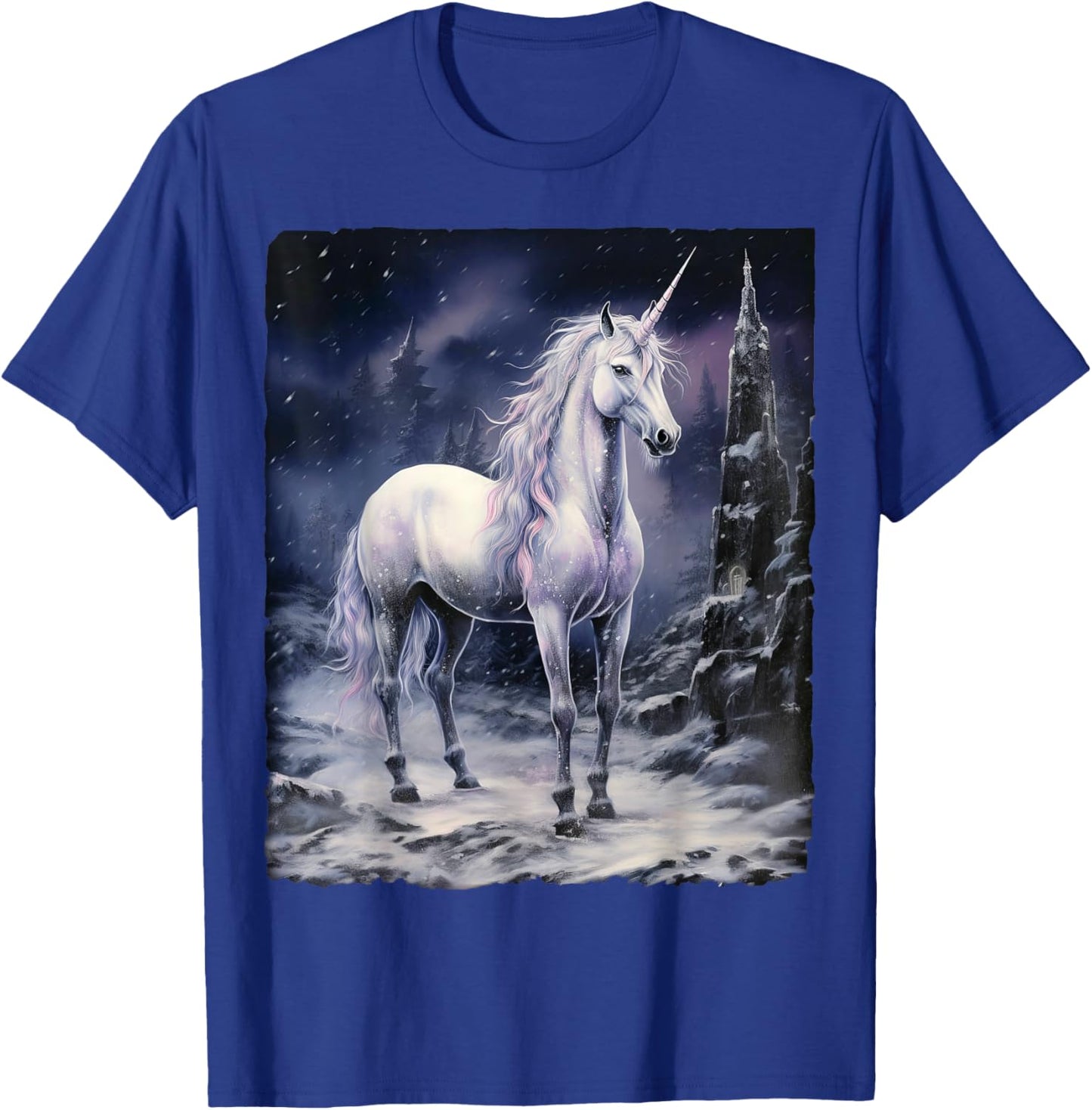 Fantasy white Unicorn standing on snowy mountain T-Shirt - T-Shirt | Royal
