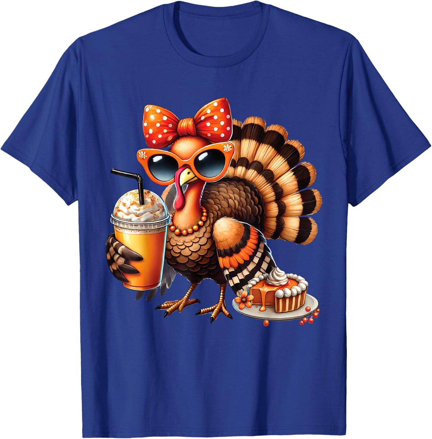 Turkey Drinking Coffee Bow Thanksgiving Turkey Day T-Shirt - T-Shirt | Royal