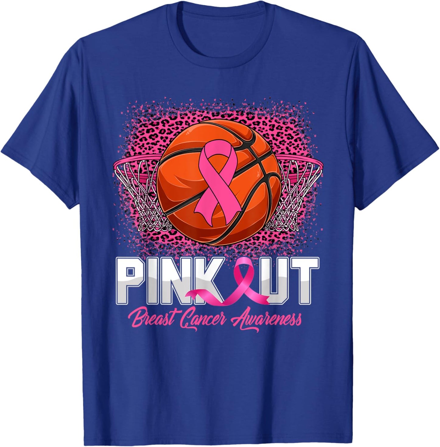 Pink Out Breast Cancer Awareness Basketball Leopard Bleached T-Shirt - T-Shirt | Royal