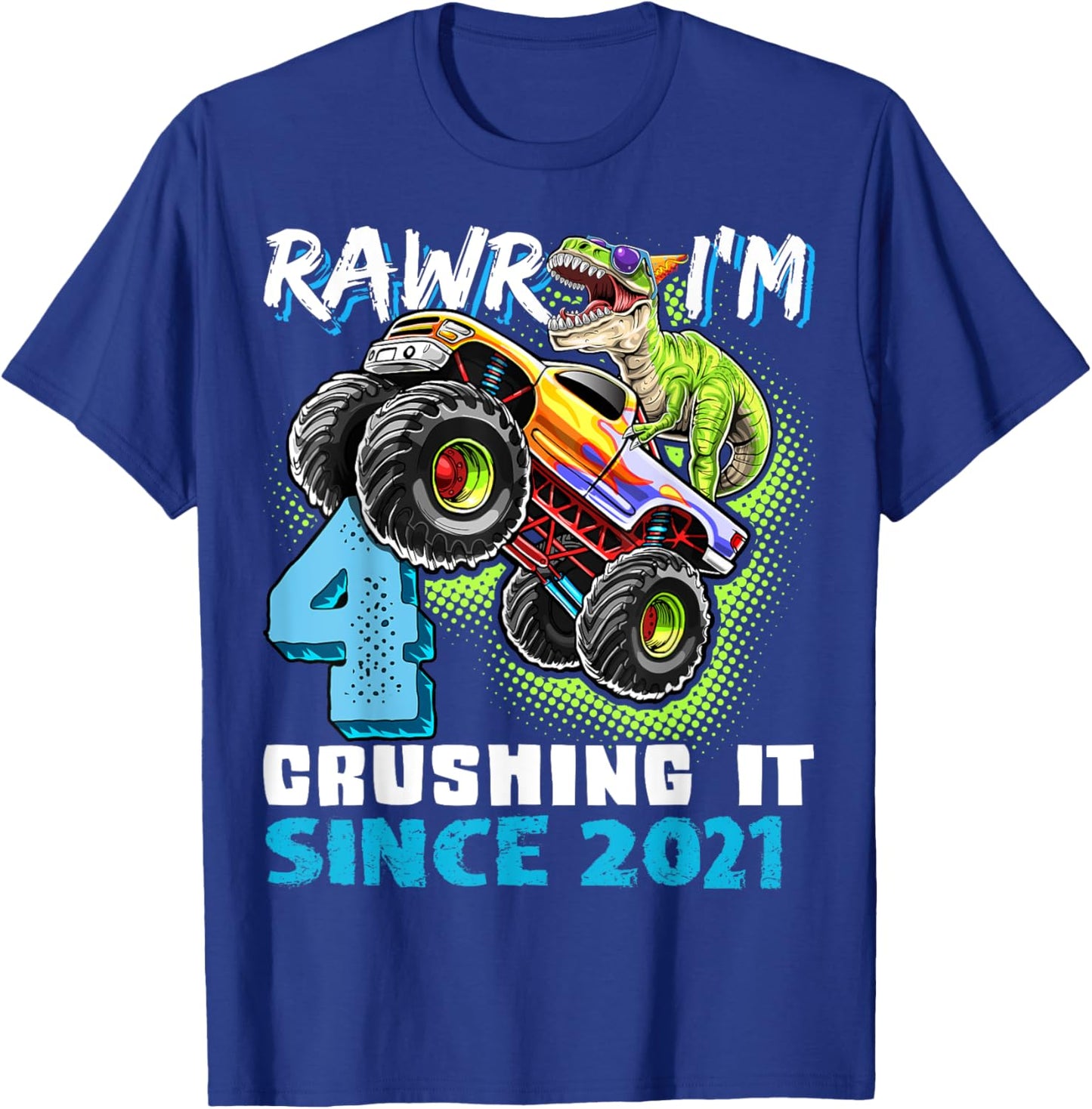 4th Birthday Monster Truck Dinosaur Party Boys Rawr I'm 4 T-Shirt - T-Shirt | Royal