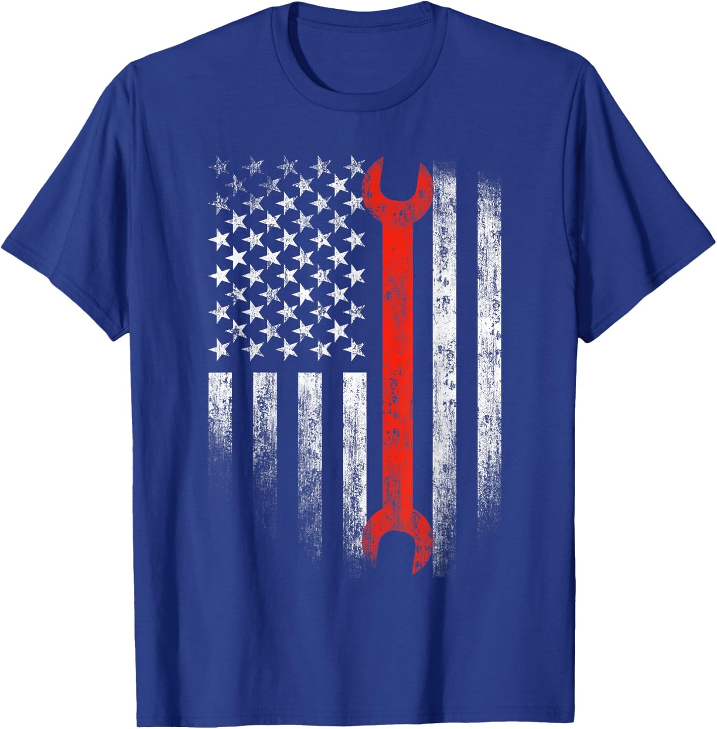 American Flag Mechanic Wrench Shirt Patriotic Car Van Tank Women Men T-Shirt - T-Shirt | Royal