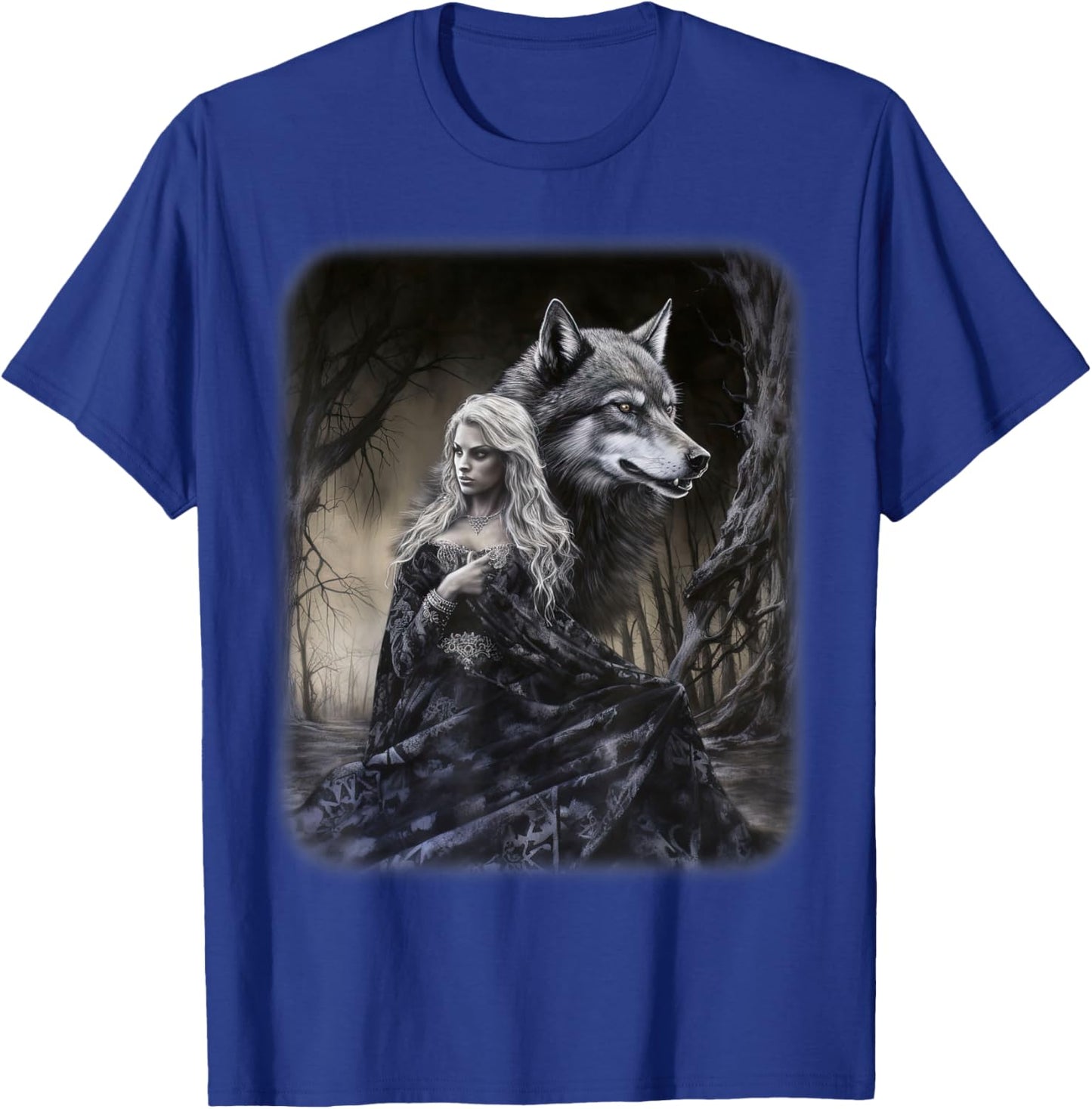 Woman and Gray Wolf in Forest Moon Fantasy Art Painting T-Shirt - T-Shirt | Royal