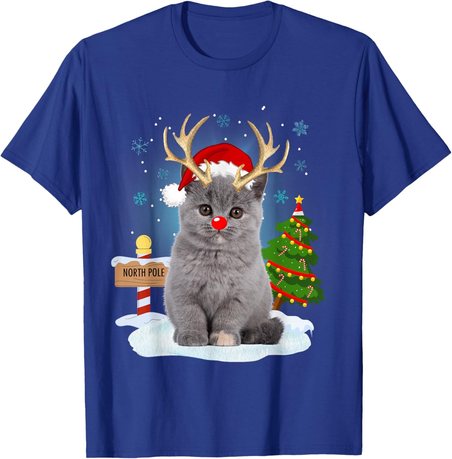 Funny Ugly Sweater Cat Reindeer North Pole Christmas T-Shirt - T-Shirt | Royal