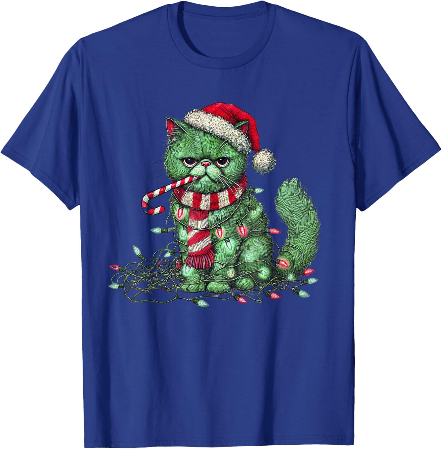 Christmas Cat with Santa Hat & Tree Lights Christmas cat T-Shirt - T-Shirt | Royal