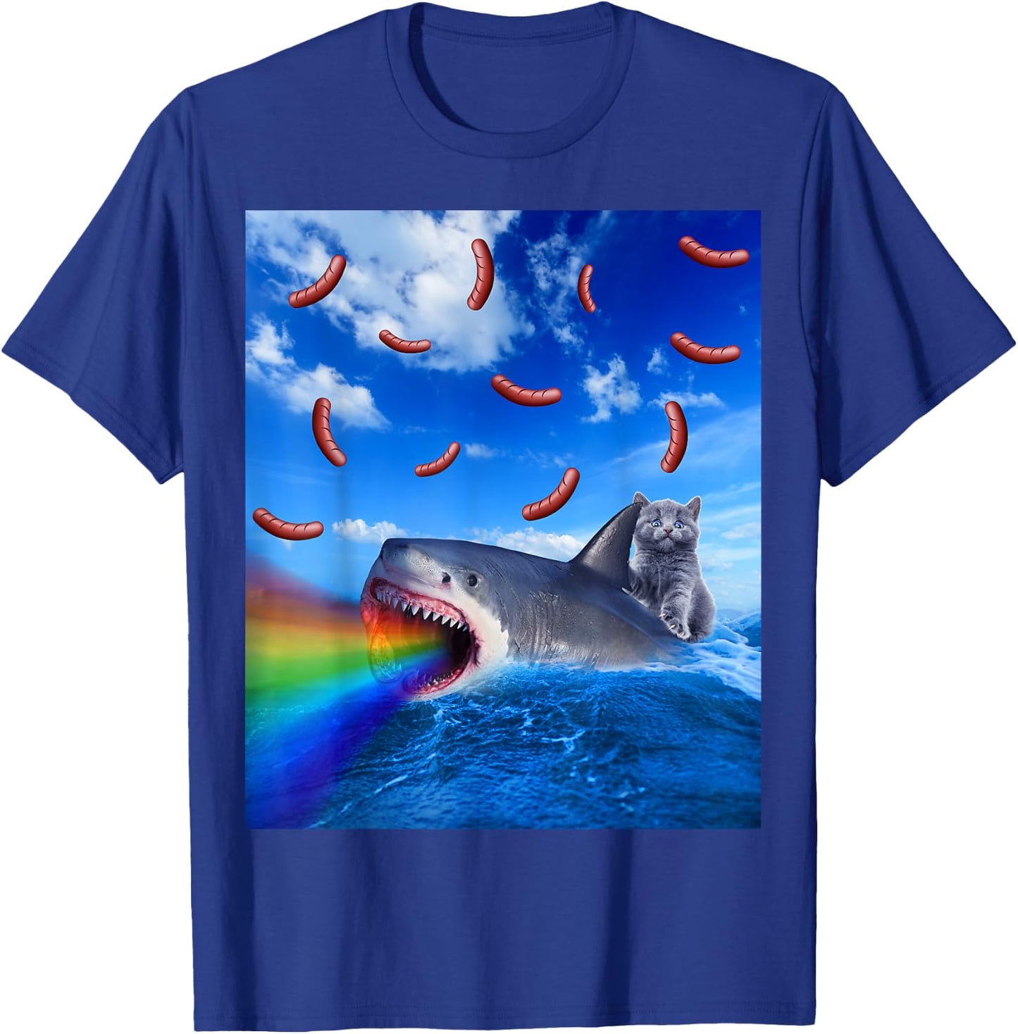 Cat Riding Rainbow Breathing Shark With Hot Dogs T-Shirt - T-Shirt | Royal