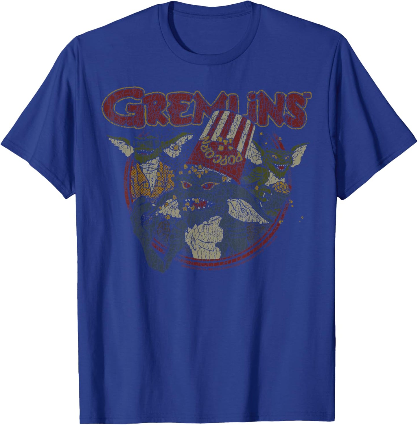 Gremlins Popcorn Bucket Distressed Group Shot T-Shirt - T-Shirt | Royal