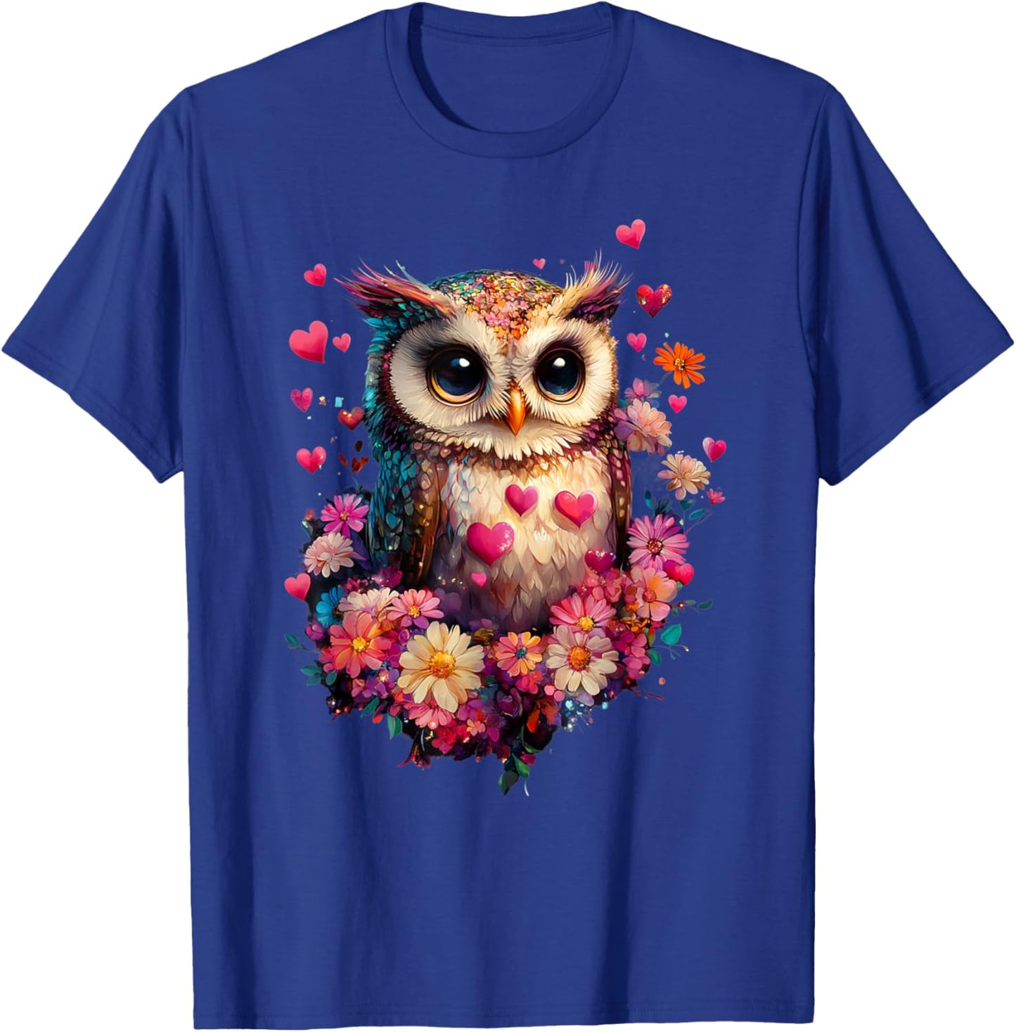 Owl Hearts and Flowers Graphic Valentines Day T-Shirt - T-Shirt | Royal