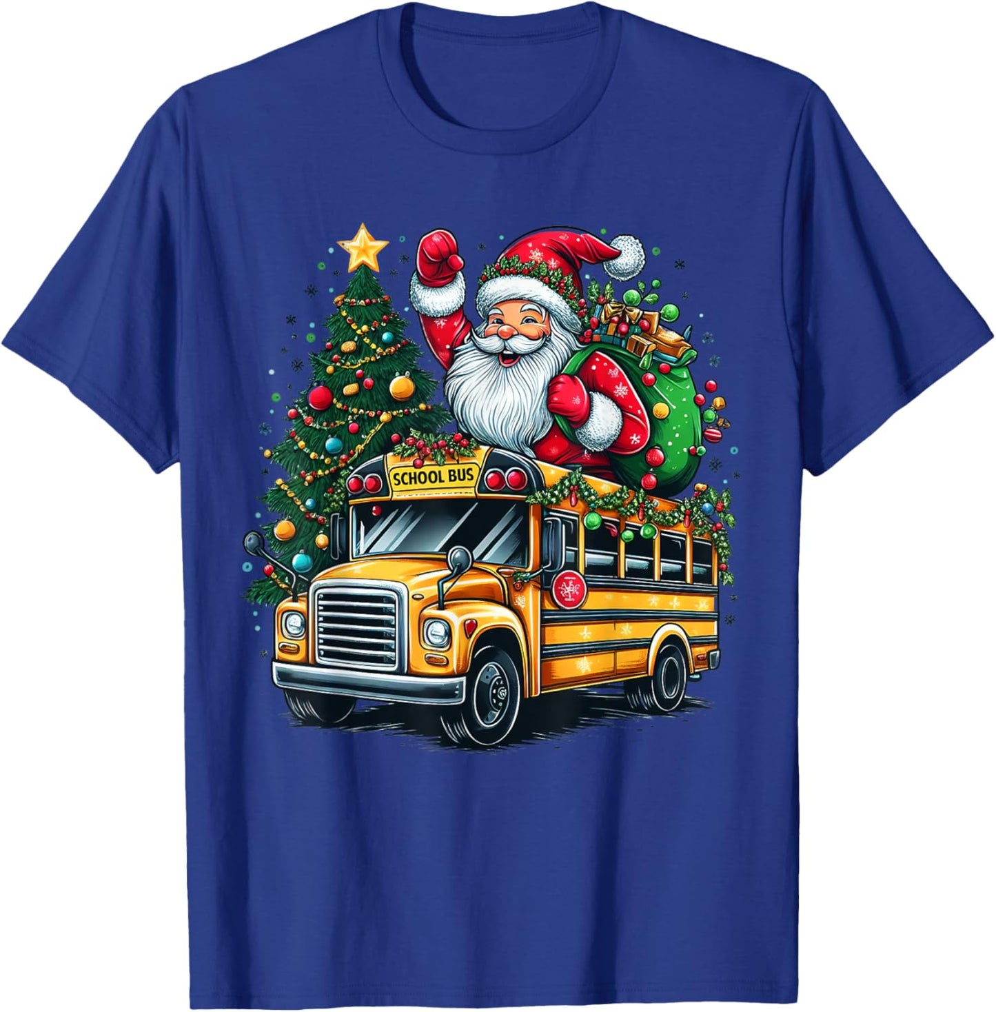 Santa Claus Riding School Bus Driver Christmas Tree Graphic T-Shirt - T-Shirt | Royal