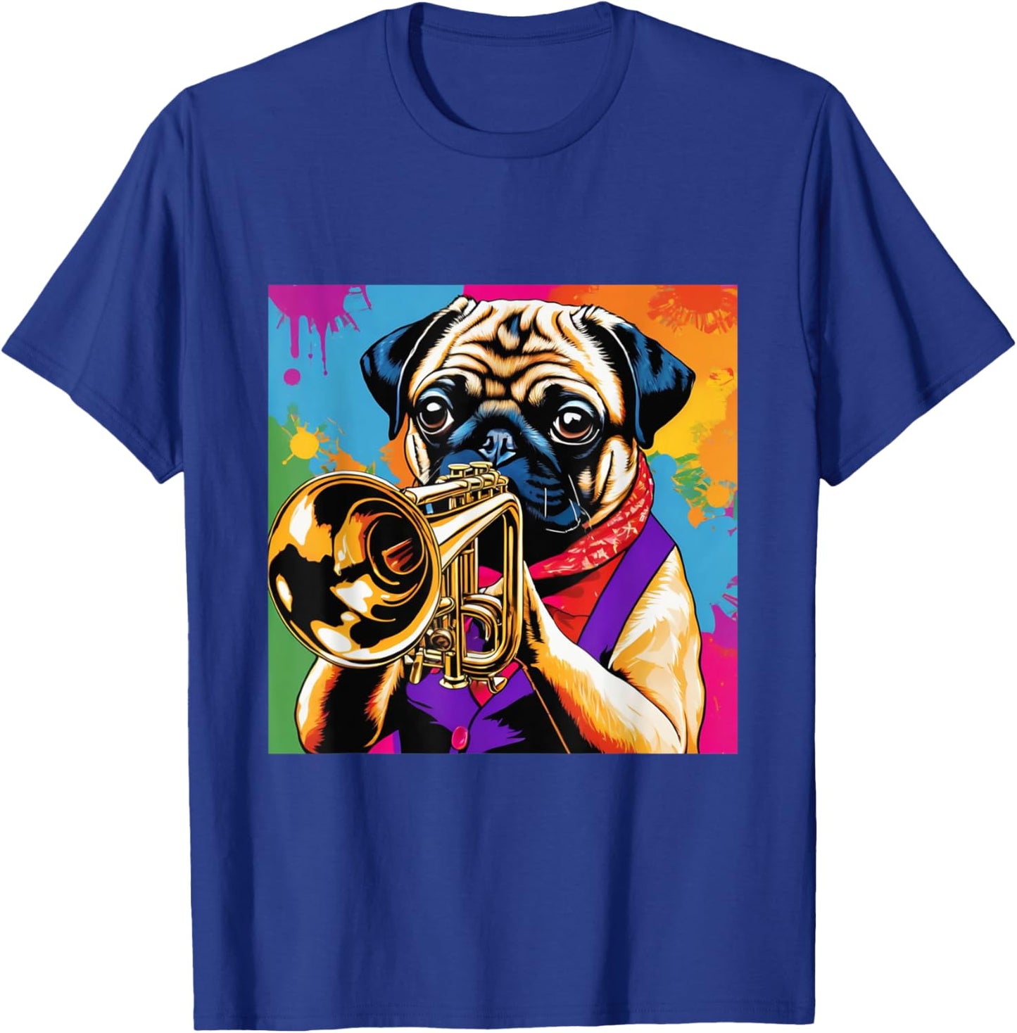 Fun Pug Playing Trumpet | Vintage Pop Art Jazz Player Dog Men Women Girls Kids T-Shirt - T-Shirt | Royal