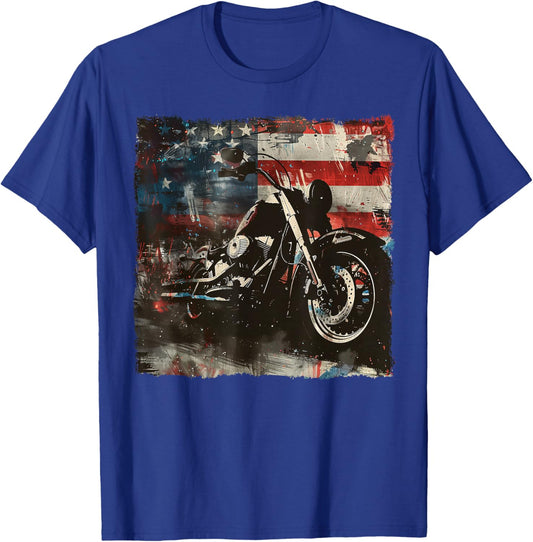 Vintage Motorcycle USA Flag Retro Biker American T-Shirt - T-Shirt | Royal