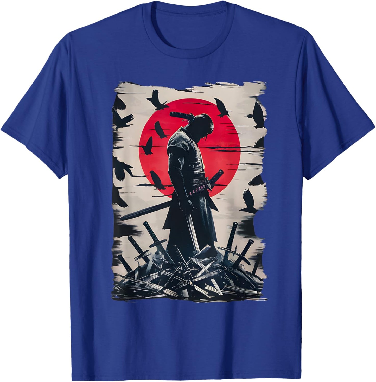 Japanese Anime Art Lone Samurai with Red Sun and Crows T-Shirt - T-Shirt | Royal