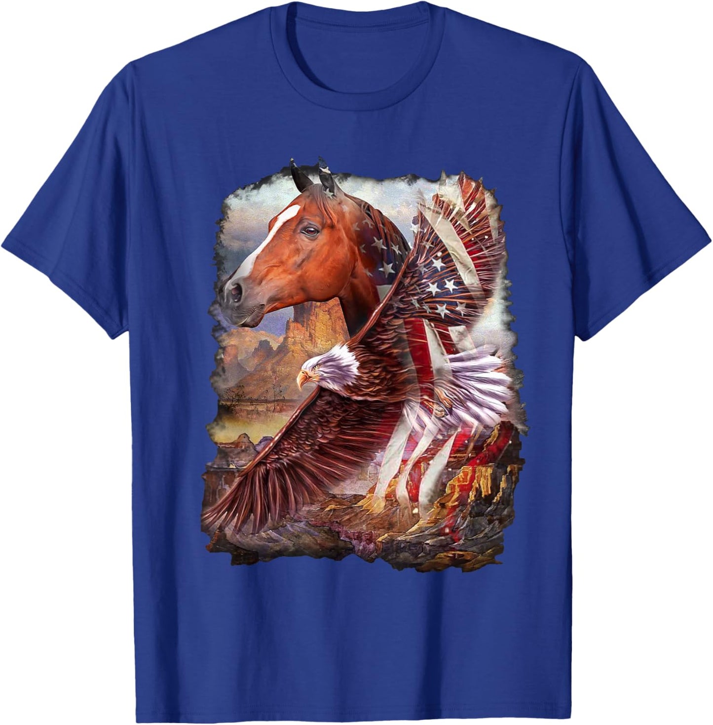 Horse American Flag and Bald eagle T-Shirt - T-Shirt | Royal