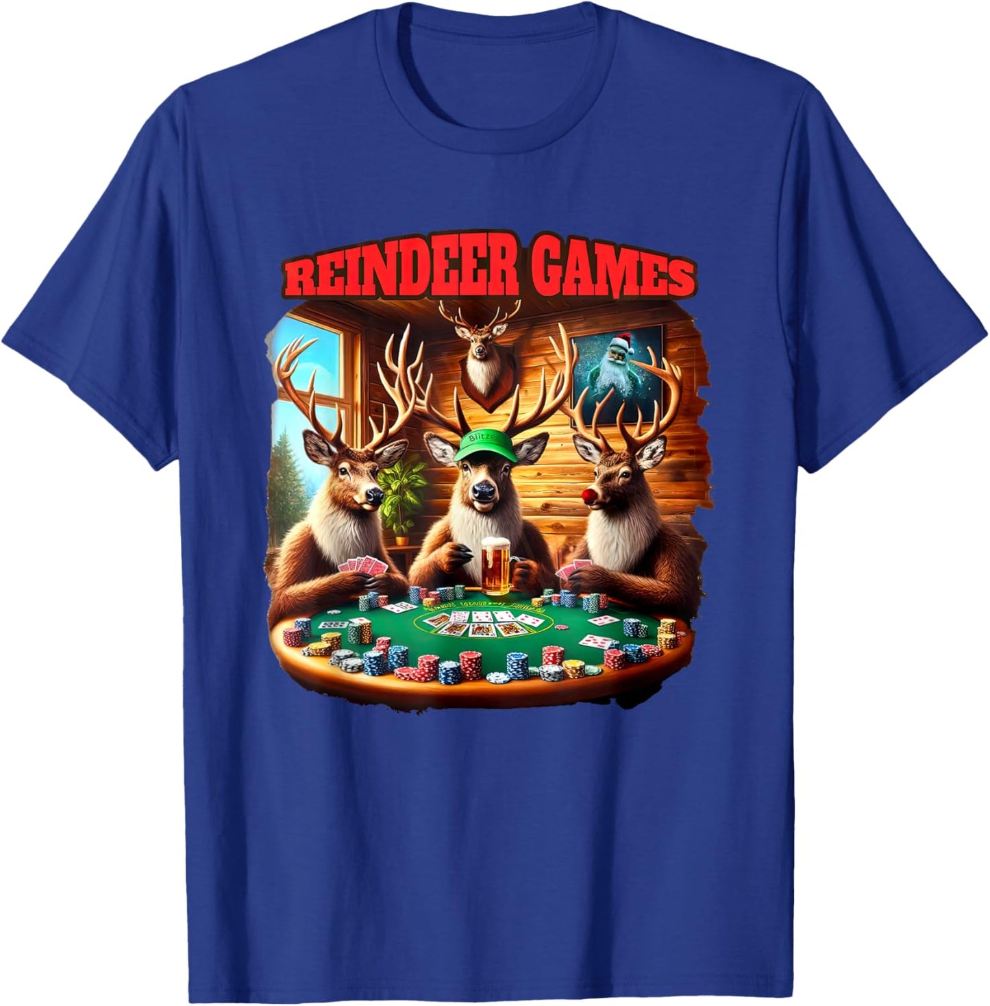 Funny Deer Playing Poker Christmas Reindeer Matching Game T-Shirt - T-Shirt | Royal