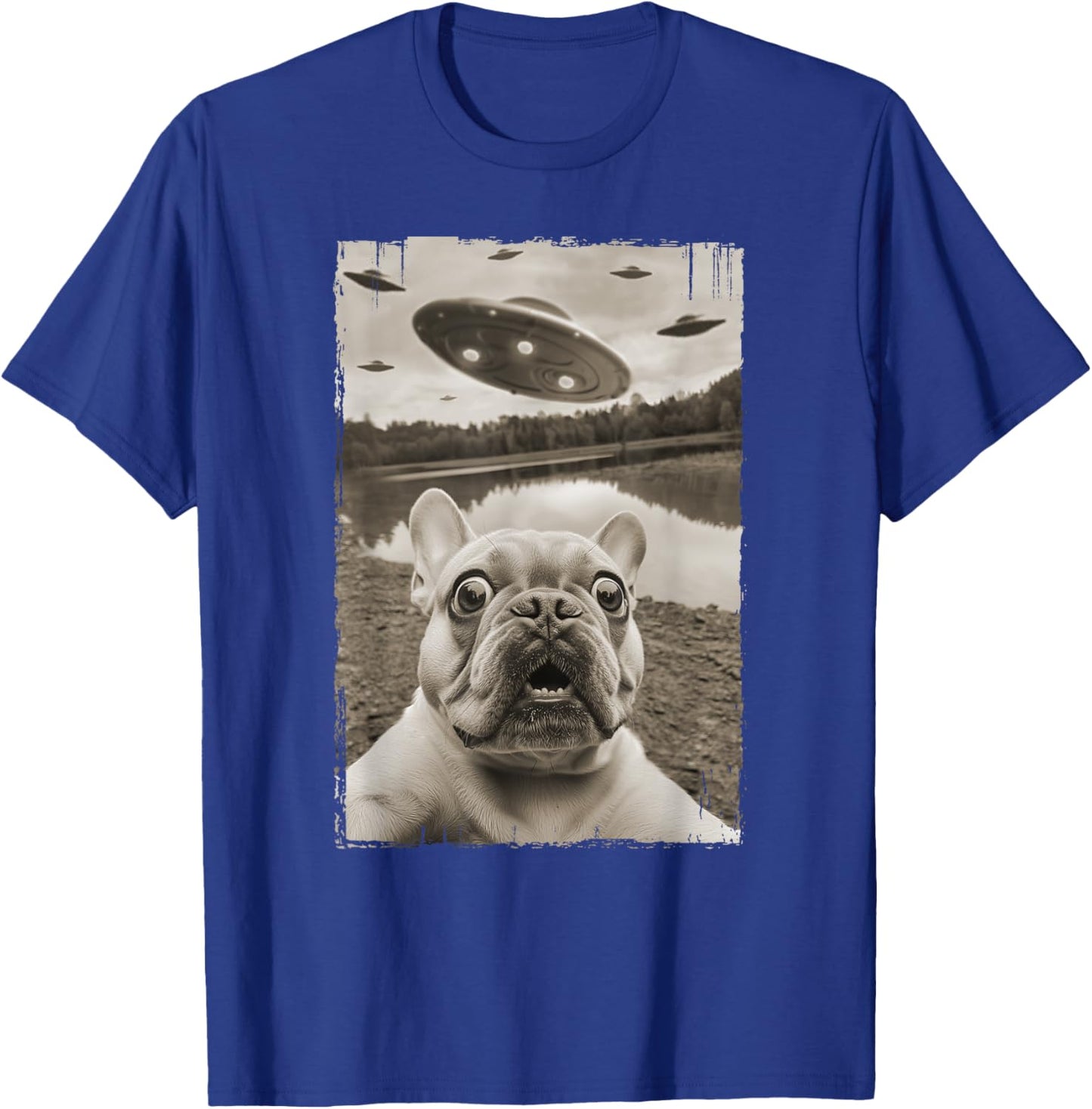 French Bulldog and UFO - Funny UFO and French Bulldog Selfie Women Kids T-Shirt - T-Shirt | Royal