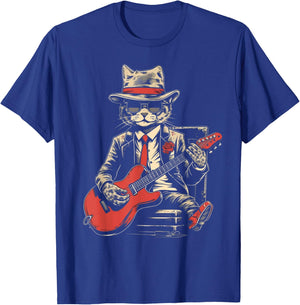 Vintage Jazz Cat Playing Guitar Band Retro Jazz Band T-Shirt - T-Shirt | Royal