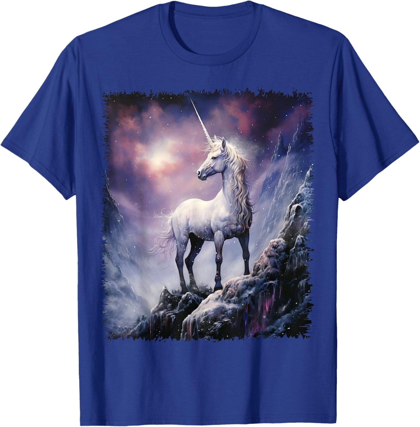 Fantasy white Unicorn standing on the snowy hill T-Shirt - T-Shirt | Royal