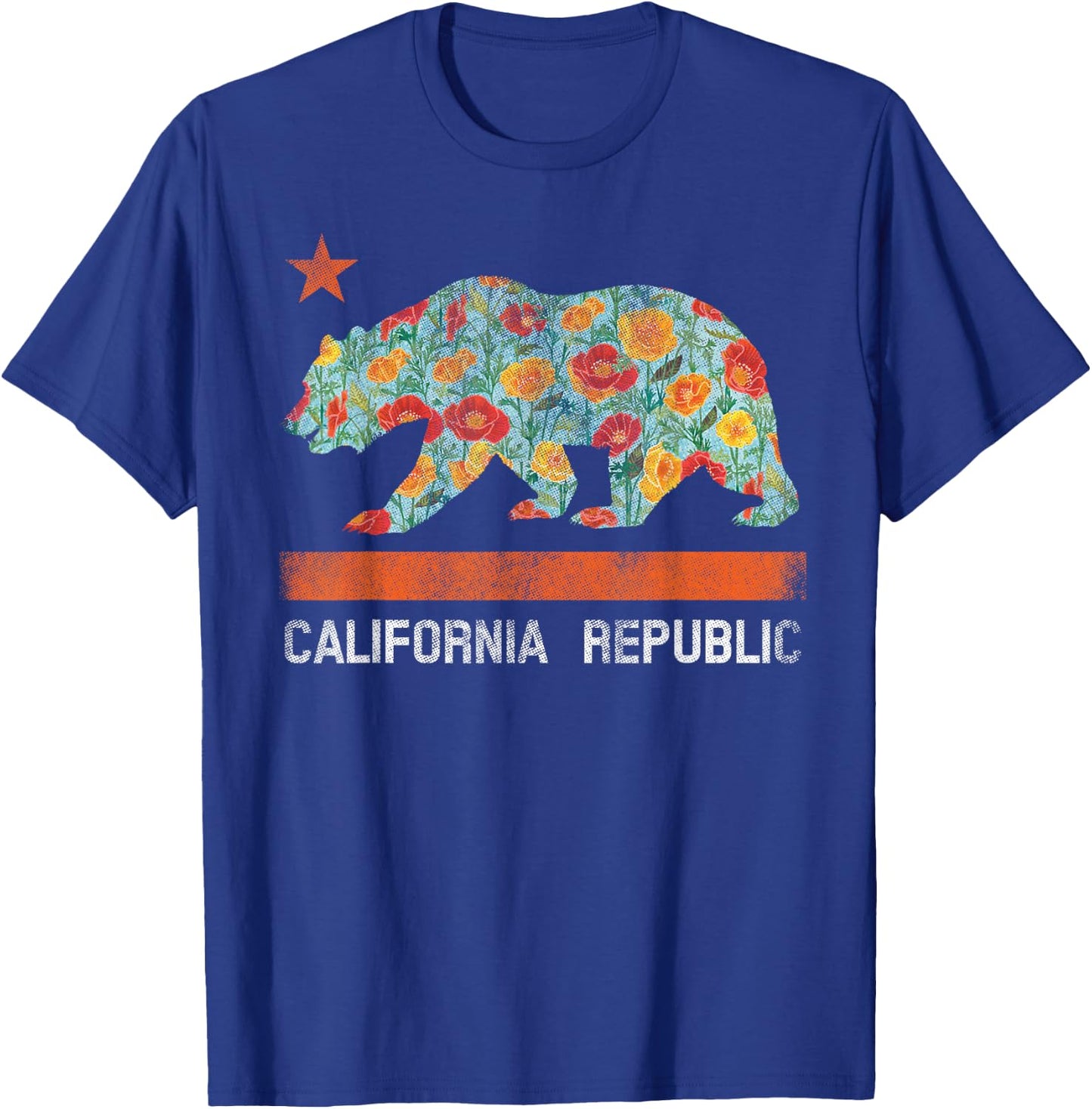 California Republic State Bear Star Poppy Flower LA Cali T-Shirt - T-Shirt | Royal
