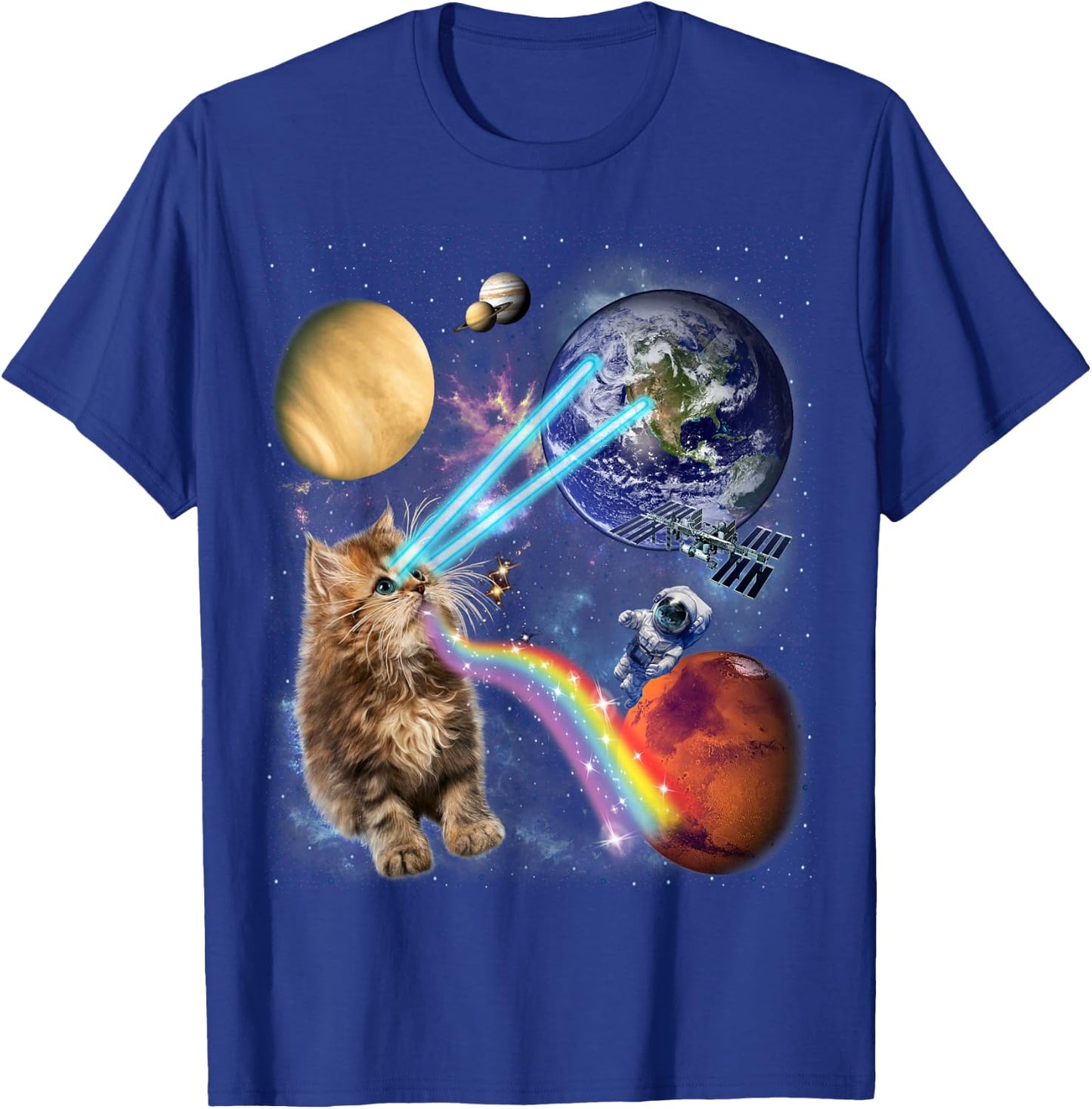 Fluffy Cat with Galactic Rainbow Beams Women Kids T-Shirt - T-Shirt | Royal