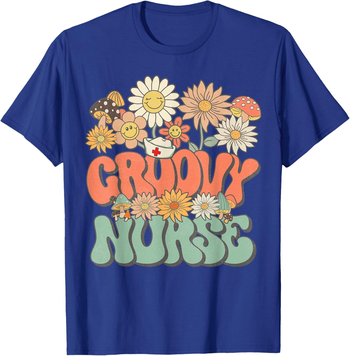 Retro Groovy Nurse Floral Hippie Daisy Flower Matching Nurse T-Shirt - T-Shirt | Royal