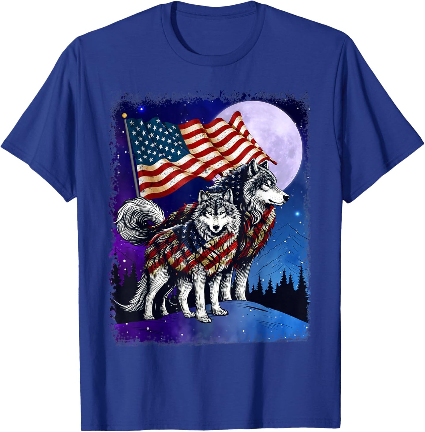 Wolf 4th of July American Flag Howling Wolves Under Moon Women Men T-Shirt - T-Shirt | Royal