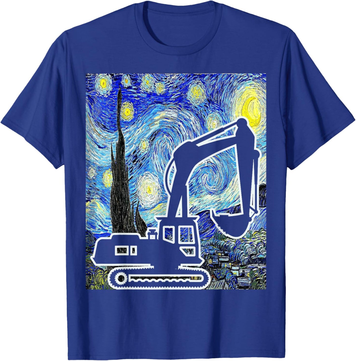 Excavator Starry Night Construction Vehicle Painting T-Shirt - T-Shirt | Royal