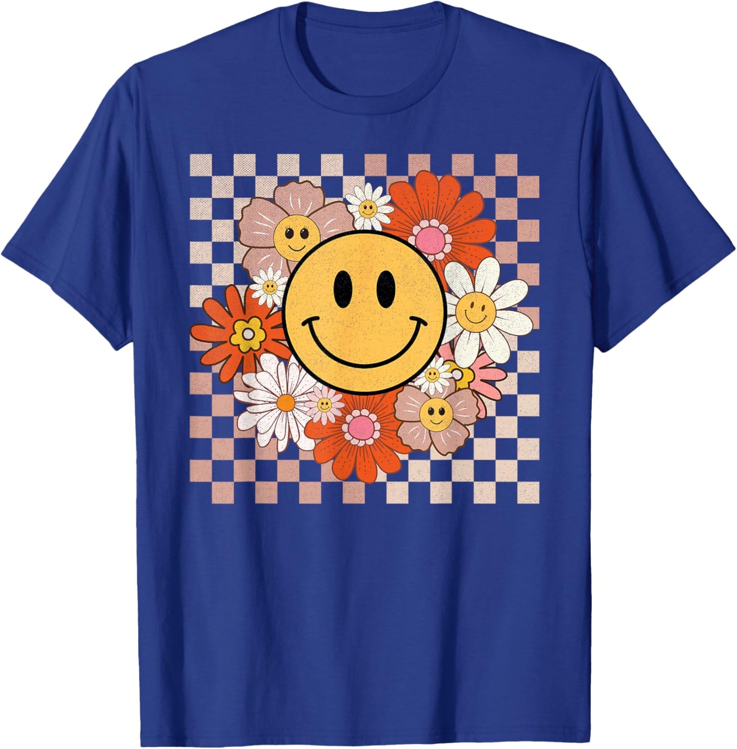 Retro Groovy Smile Happy Face Flowers Checkered 70s Hippie T-Shirt - T-Shirt | Royal
