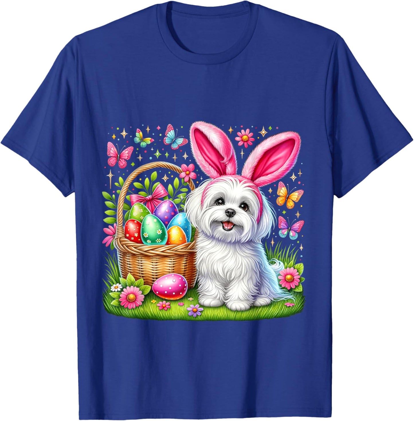 Cute Bunny Maltese Dog Easter Eggs Basket Easter Day Party T-Shirt - T-Shirt | Royal