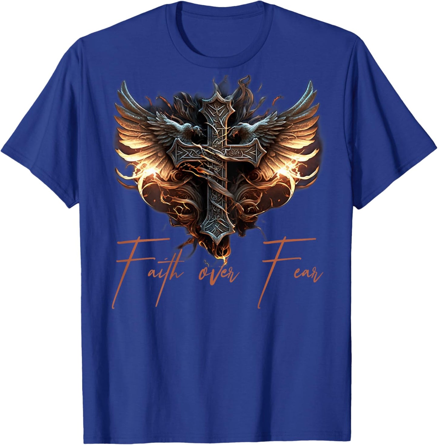 Biker Angel Wings Christian Cross Faith Over Fear - On Back T-Shirt - T-Shirt | Royal