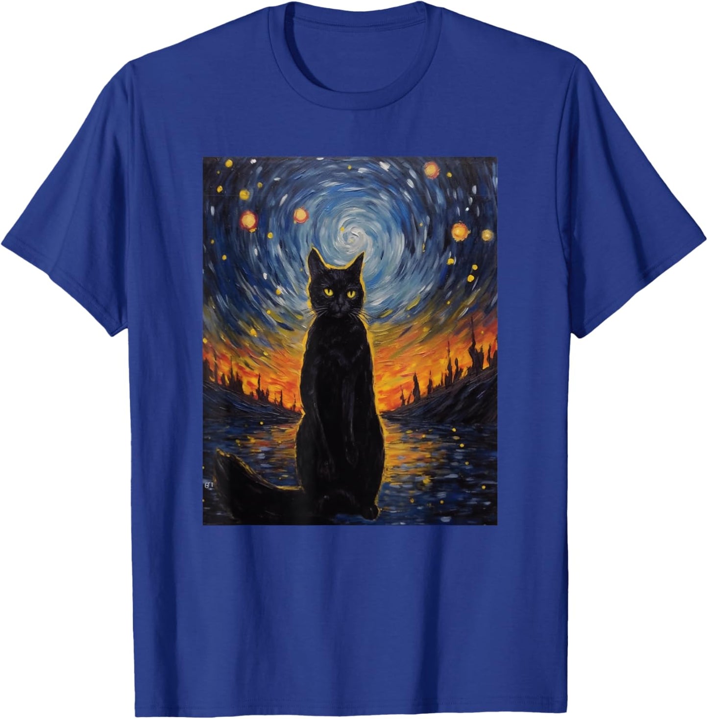 black cat Painting art Starry Night kitty kitten Van Gogh T-Shirt - T-Shirt | Royal