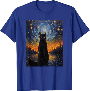 black cat Painting art Starry Night kitty kitten Van Gogh T-Shirt - T-Shirt | Royal
