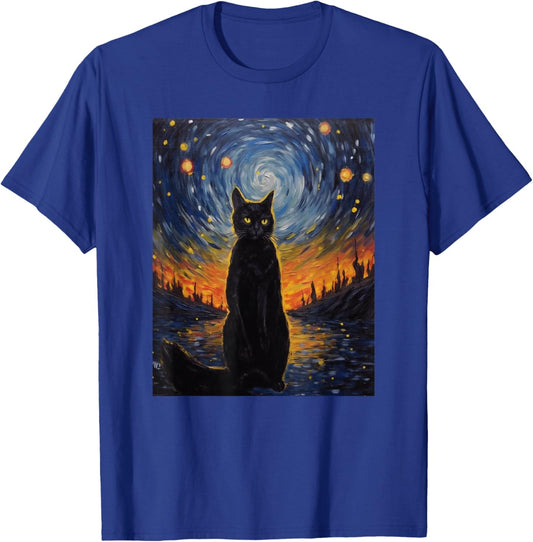 black cat Painting art Starry Night kitty kitten Van Gogh T-Shirt - T-Shirt | Royal
