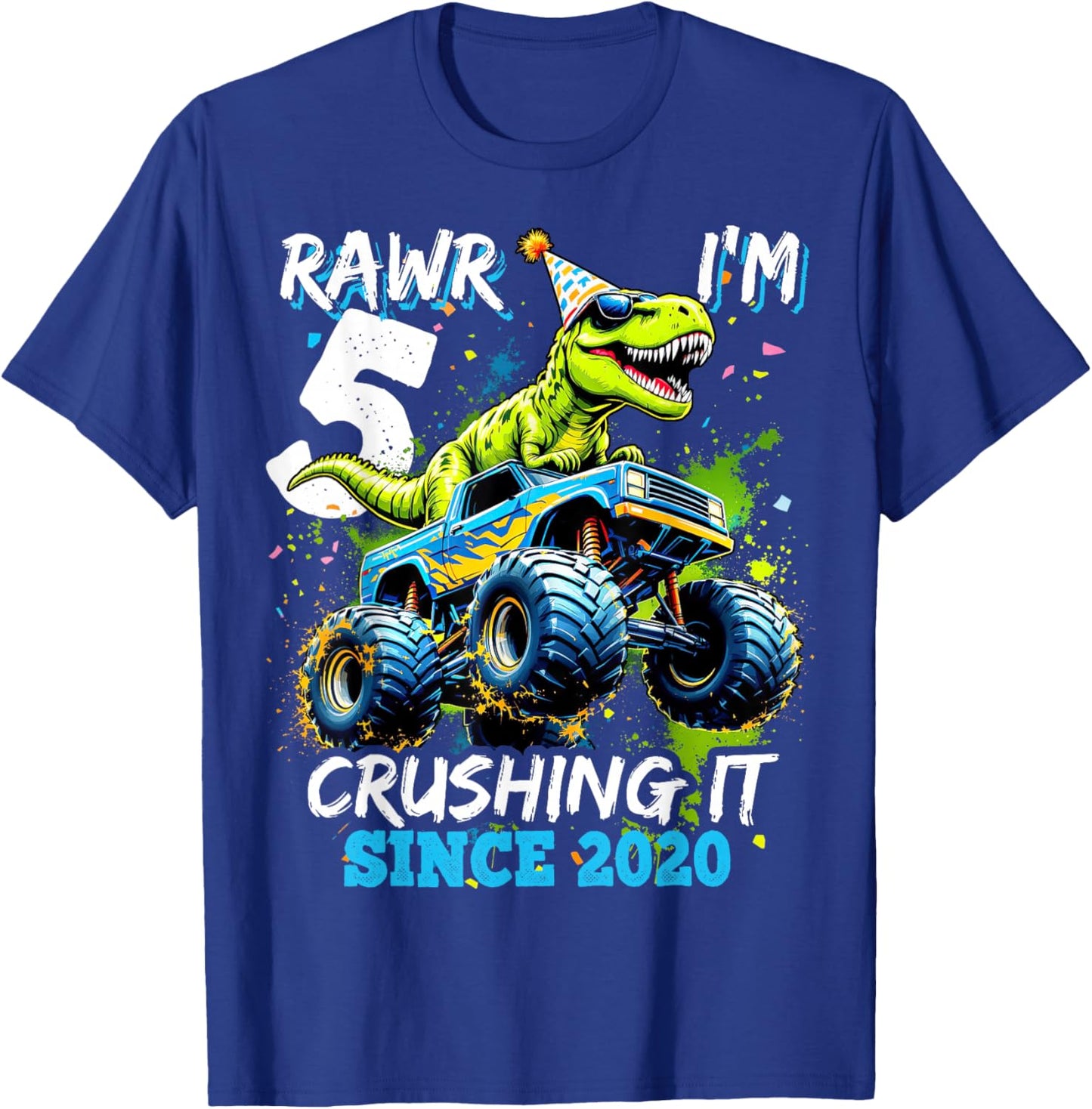 5th Birthday Monster Truck Dinosaur Party Boys Rawr I'm 5 T-Shirt - T-Shirt | Royal