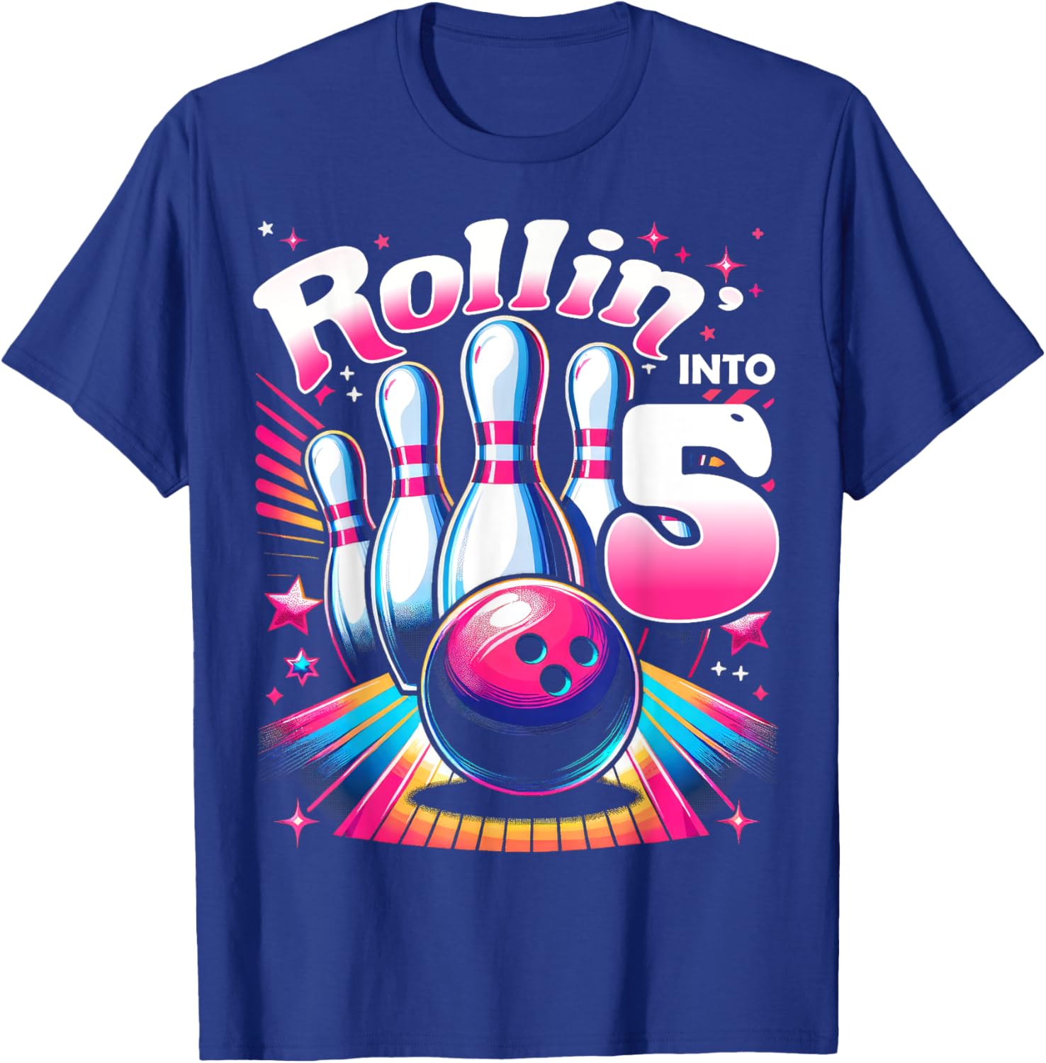 Bowling Birthday Rollin into 5 Party 5th Birthday Retro Girl T-Shirt - T-Shirt | Royal