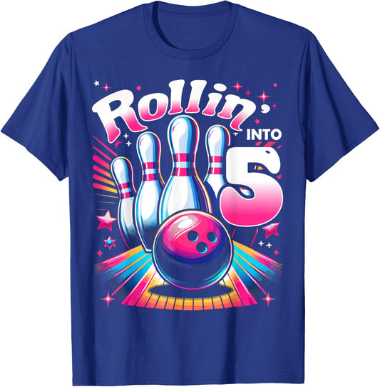 Bowling Birthday Rollin into 5 Party 5th Birthday Retro Girl T-Shirt - T-Shirt | Royal