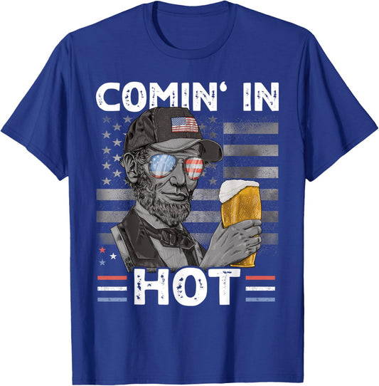 Coming in Hot 4th July President Lincoln Beer USA T-Shirt - T-Shirt | Royal