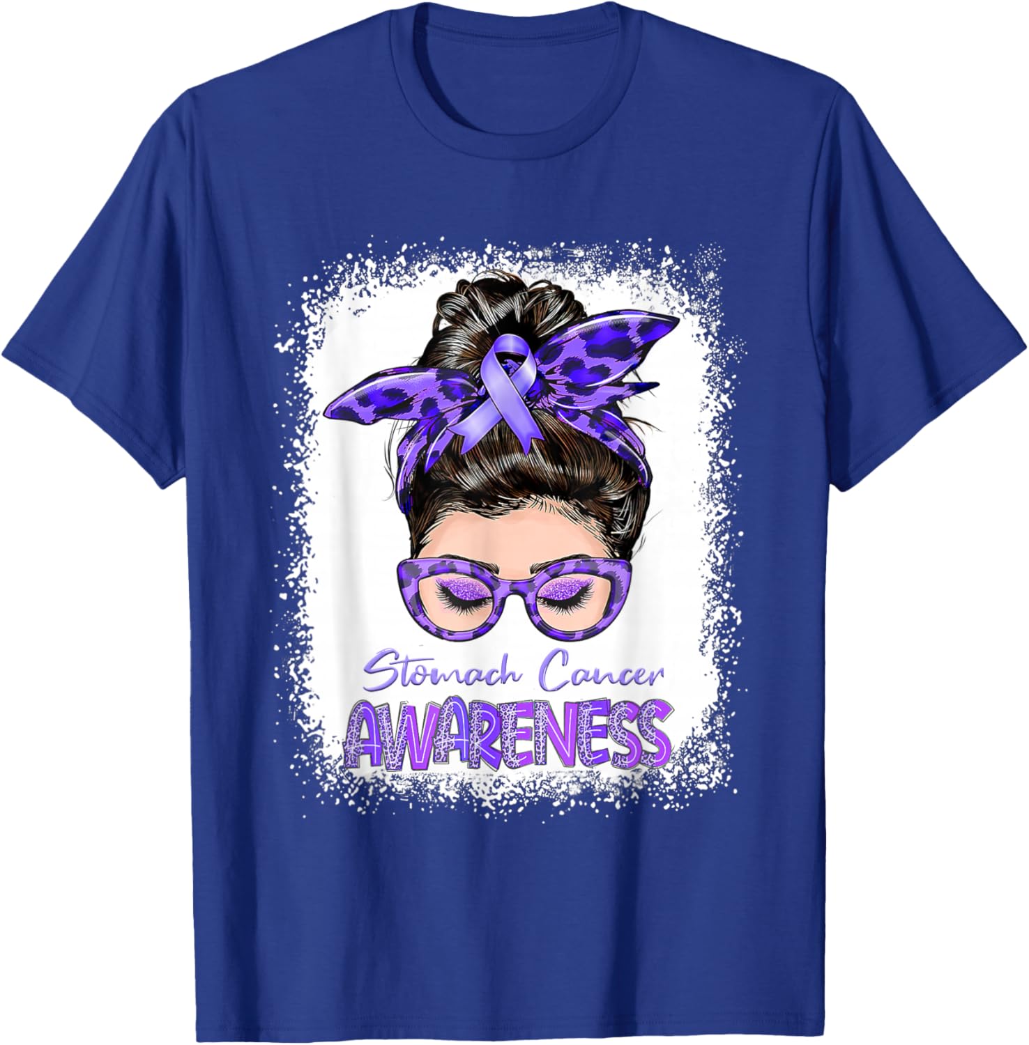 Messy Bun Periwinkle Ribbon Stomach Cancer Awareness T-Shirt - T-Shirt | Royal
