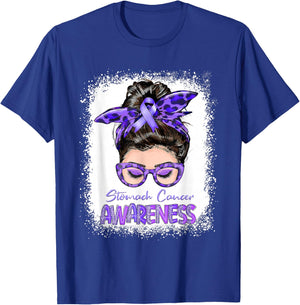Messy Bun Periwinkle Ribbon Stomach Cancer Awareness T-Shirt - T-Shirt | Royal