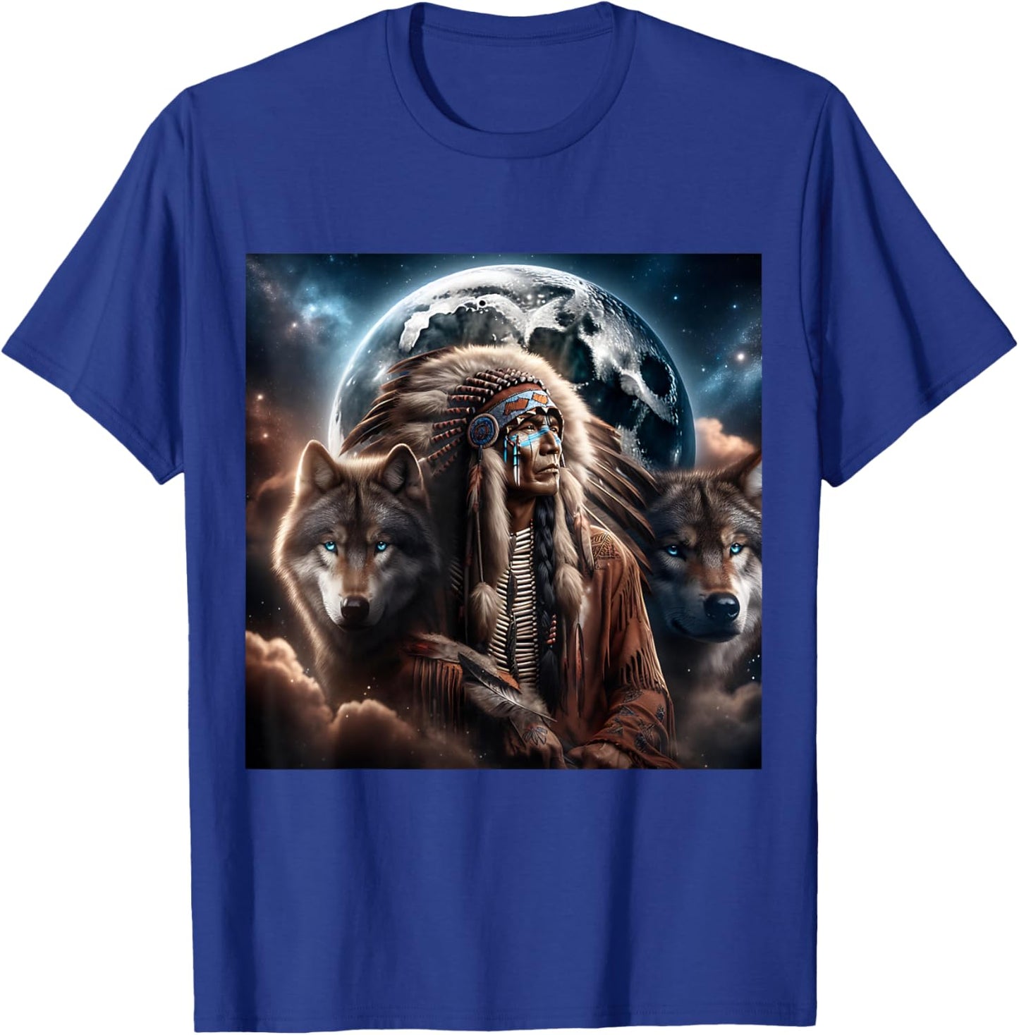 Indianer Tiere Mond Indianer mit Wolf Damen Schwarz S EU 38/40 T-Shirt - T-Shirt | Royal
