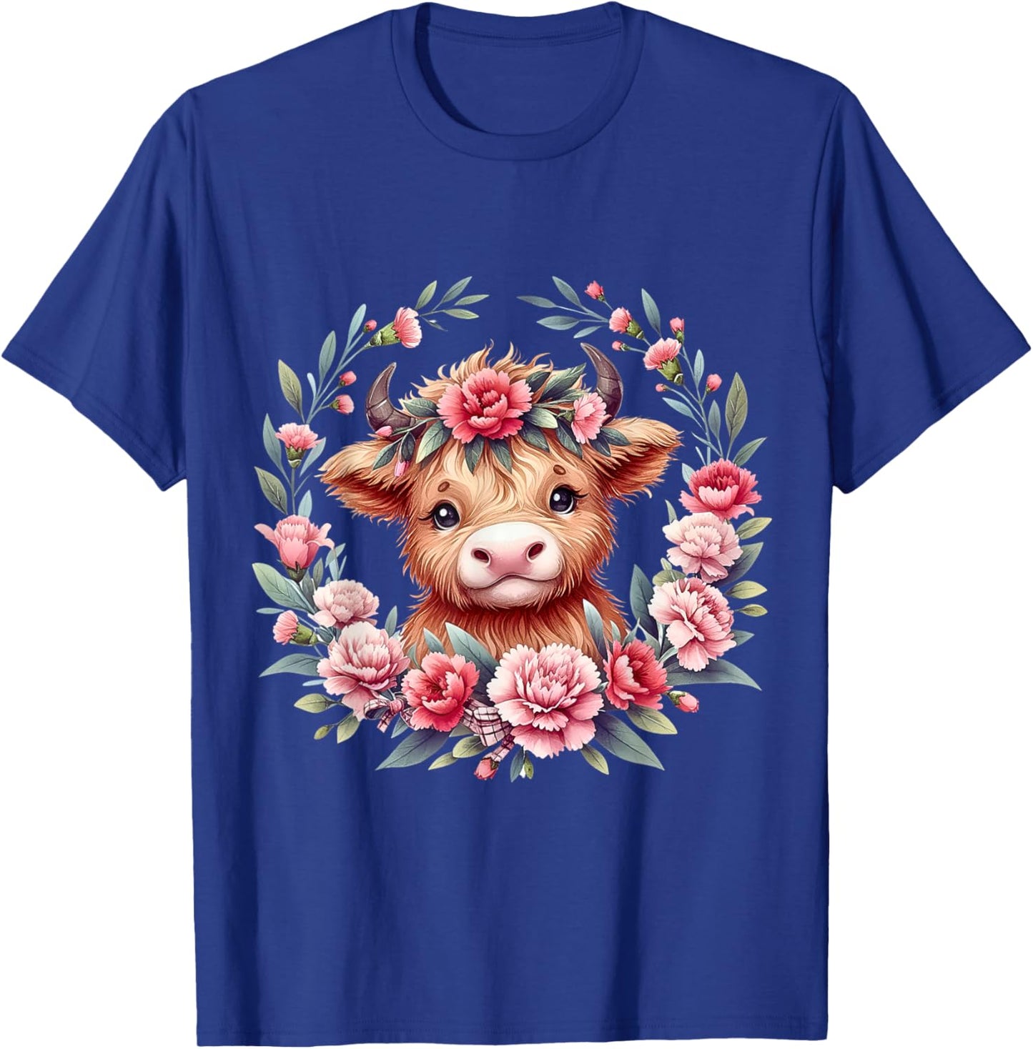 Cute Baby Highland Cow With Carnation Flower Scottish Farm T-Shirt - T-Shirt | Royal