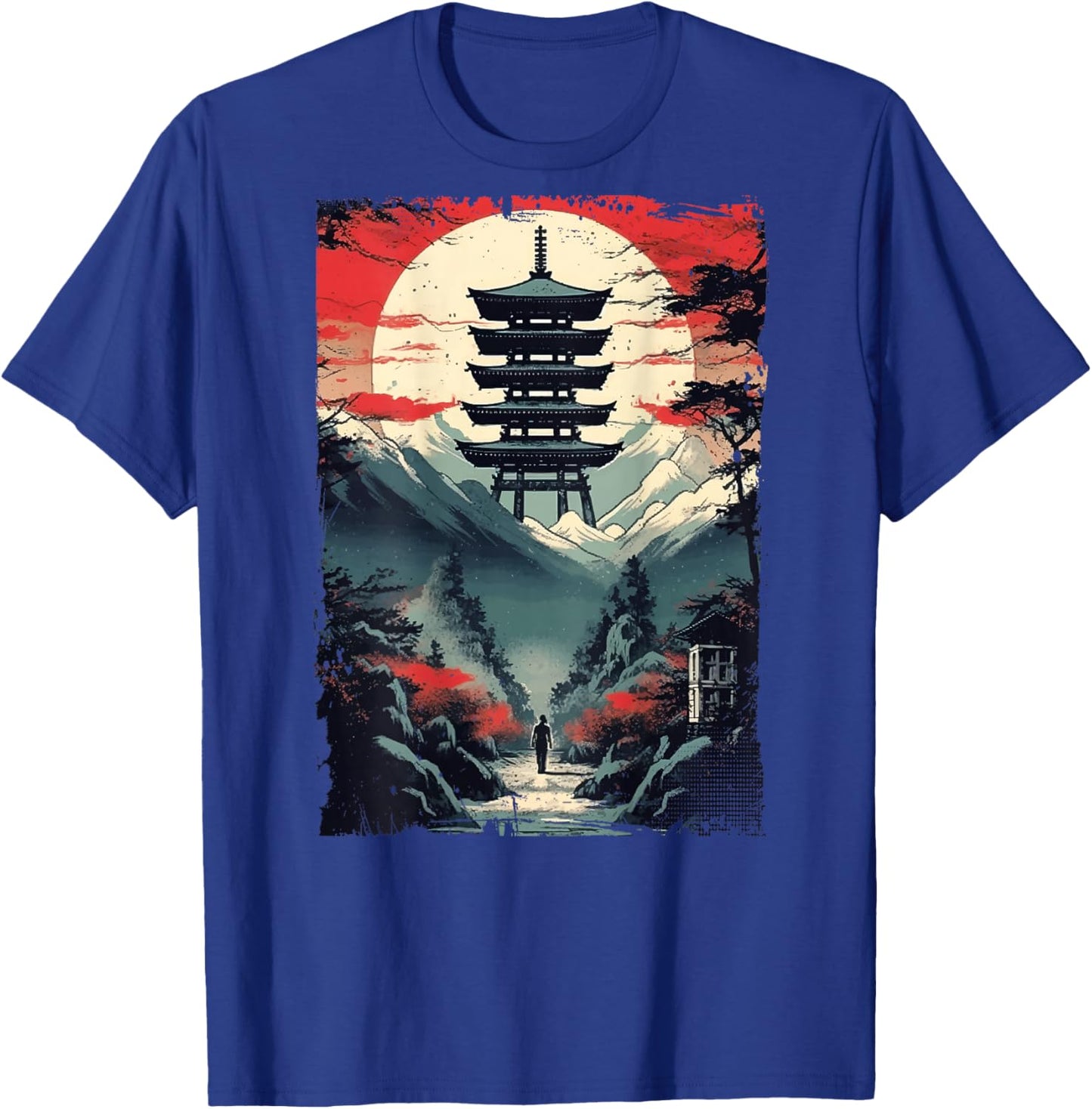 Japanese men walking Woodblock Art Spiritual (ART BACK) T-Shirt - T-Shirt | Royal
