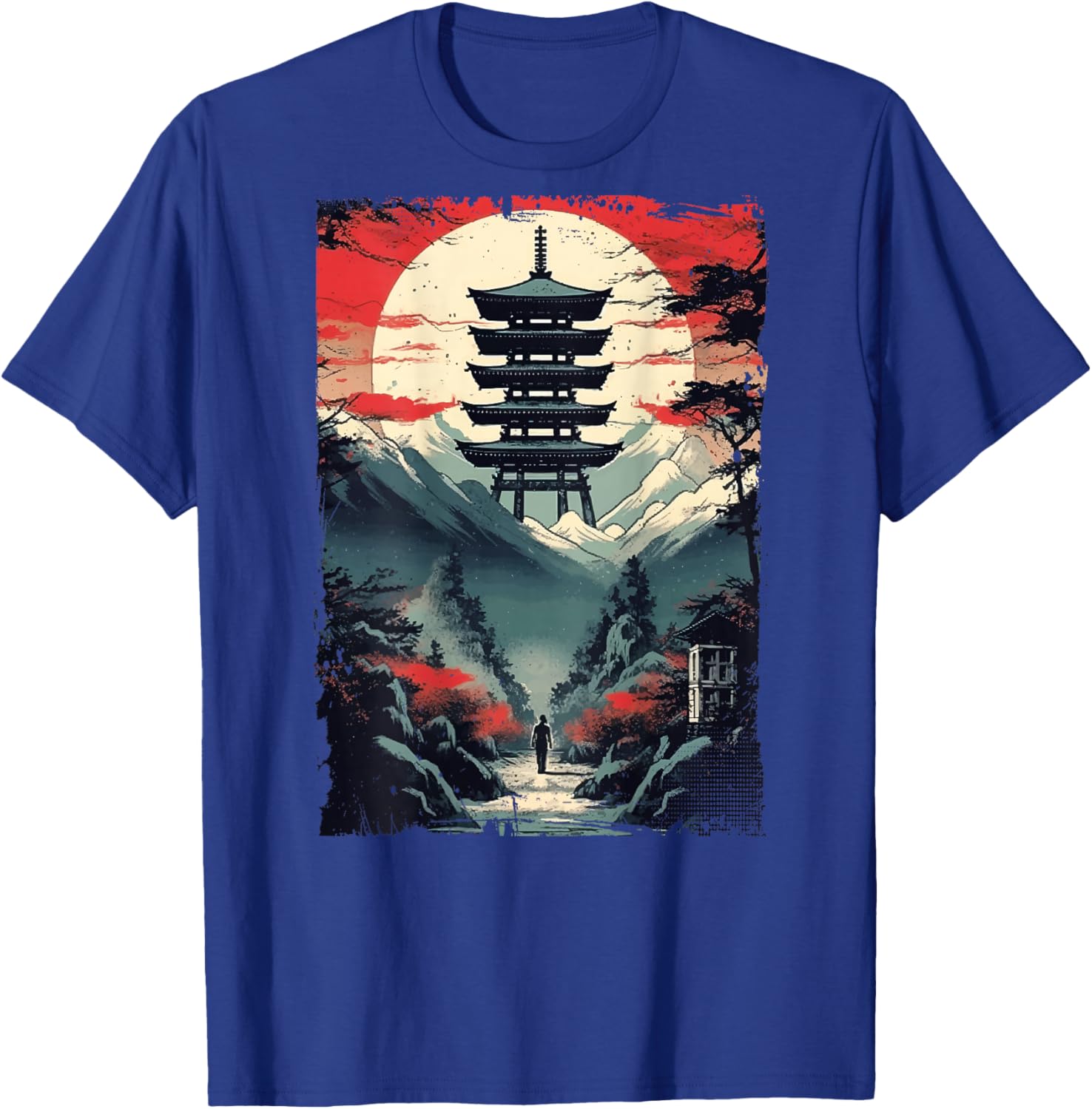 Japanese men walking Woodblock Art Spiritual (ART BACK) T-Shirt - T-Shirt | Royal