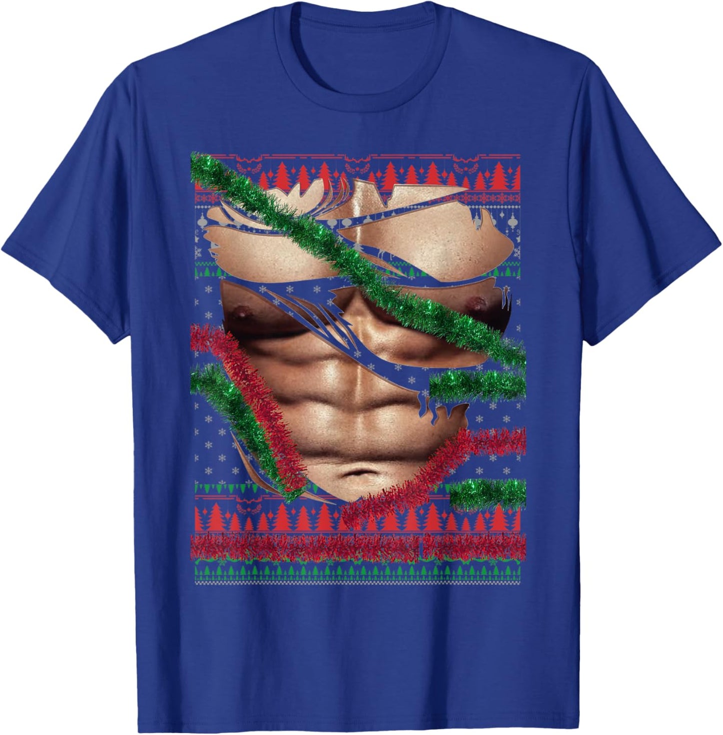 Christmas Fake Muscles Ripped Torn Chest Six Pack Abs Ugly T-Shirt - T-Shirt | Royal
