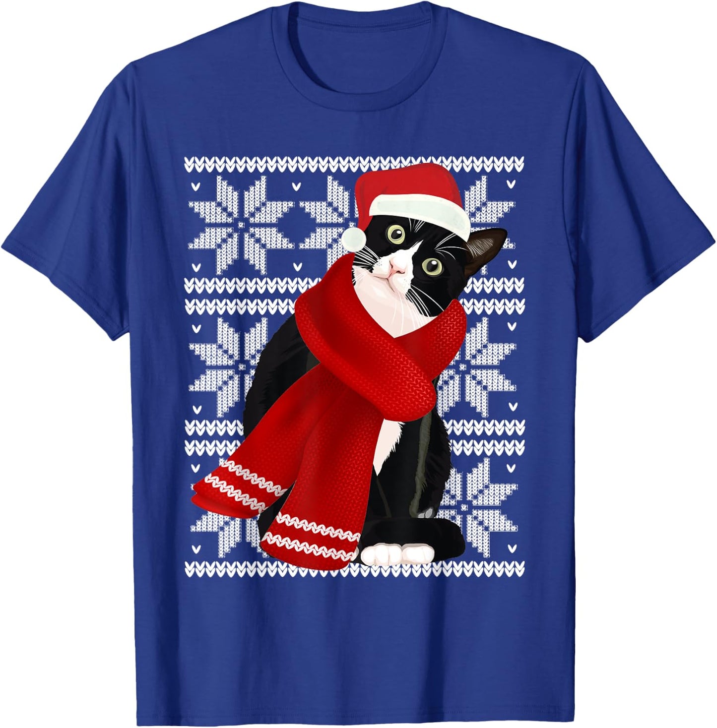 Ugly Christmas Black Cat Santa Hat Scarf Holiday Cute Men Women Kids T-Shirt - T-Shirt | Royal